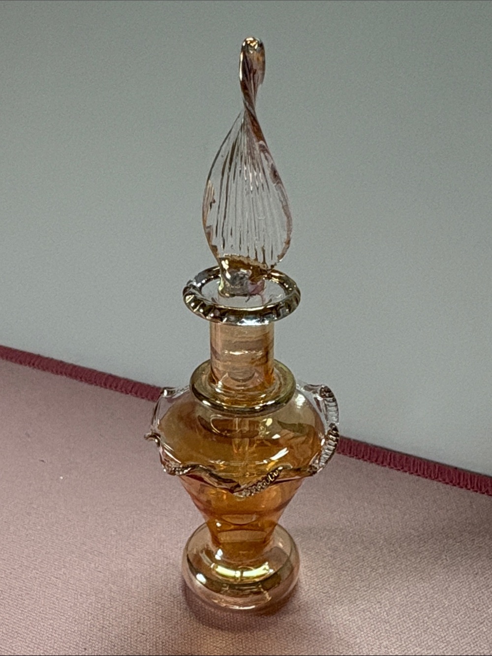Elegant Egyptian Handblown Amber Glass Bottle with Gold Trim